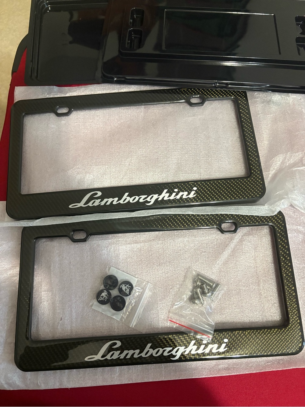 Lamborghini Black Carbon License Plate Frames with White Script 2 authentic 100%